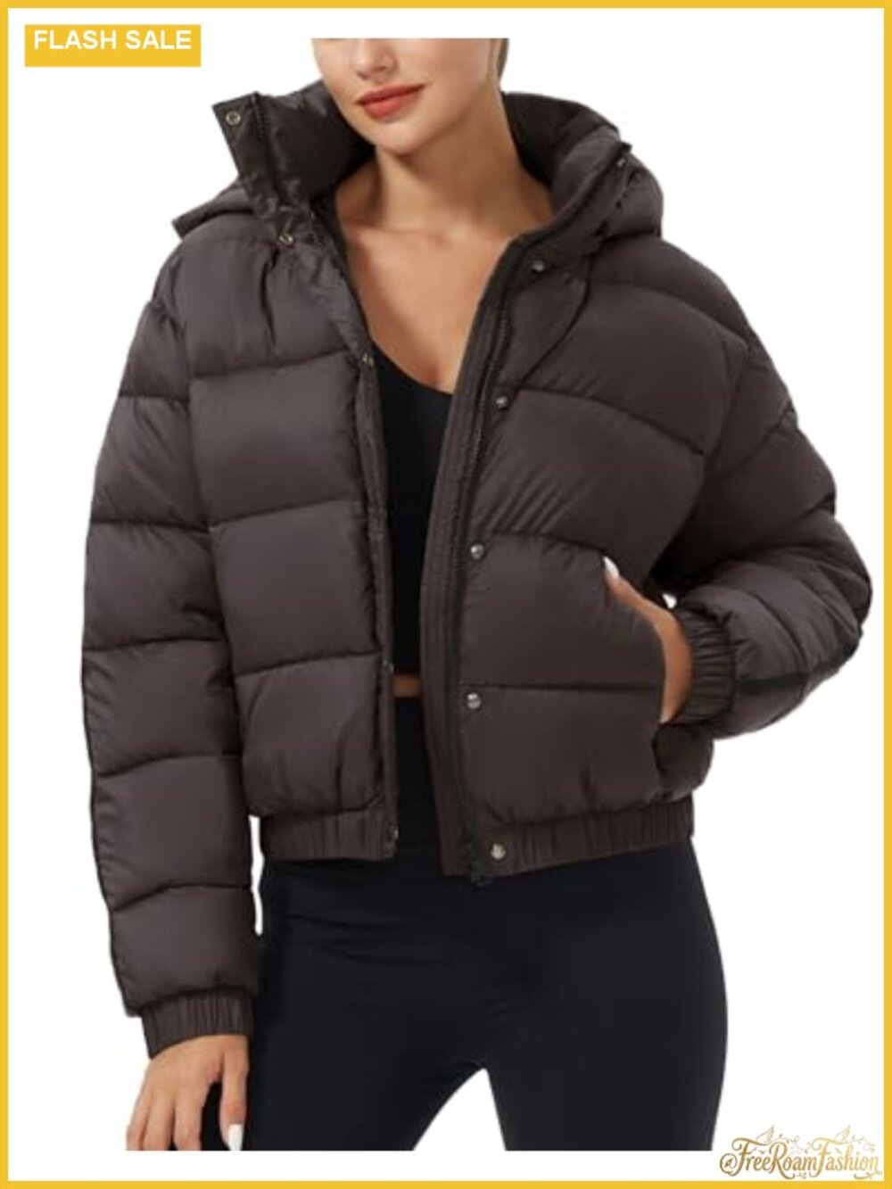 Cropped Puffer Jacket Waterproof Quilted Hooded Winter Coat